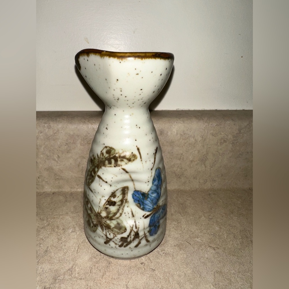 Vintage Enesco Sake Soy Pitcher Stoneware Otagiri Bottle Hand Painted Butterfly‎